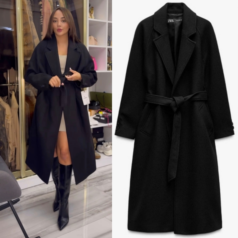 Zara Wool Blend Long Coat Belted Black Size XL